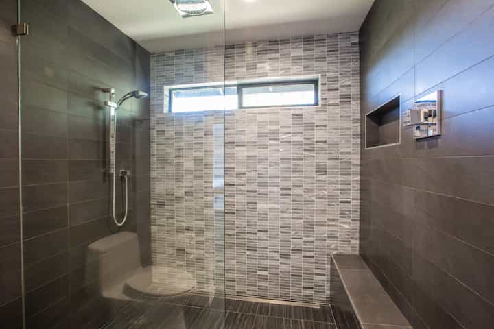 Gorgeous wine colored bathroom tile for these San Bernardino, California clients